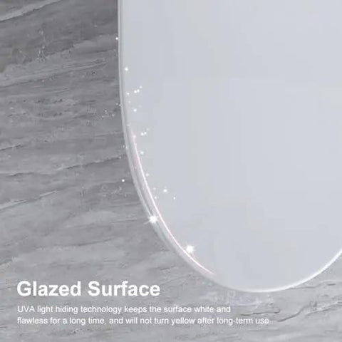Glazed surface of Solid Build Soft Close Elongated White Toilet Seat With Quick Release Hinges showing reflection and durability.