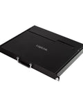 Top Shelf 17 Inch HD LCD KVM Console With 8 Port Switch, VGA USB And PS2 Ports, Integrated Keyboard And Mouse in sleek black chassis.