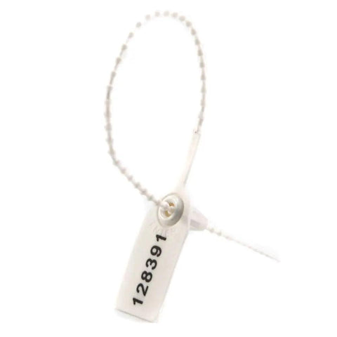 Heavy Duty Tamper Proof Zip Ties Plastic Security Seals Disposable Self Locking Numbered Pull Tite Labels For Fire Extinguisher Truck 250Mm White Pack Of 100, showing a single numbered seal.