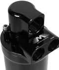 True Seal Catch Can Top Billet Clockable Recirculating Design With 12ORB Female Fitting, close-up view of black billet component.
