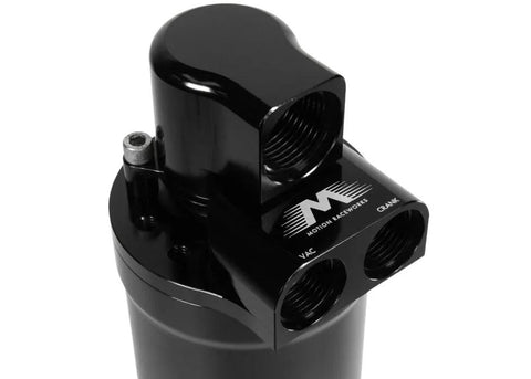 True Seal Catch Can Top Billet Clockable Recirculating Design With 12ORB Female Fitting, close-up view of black billet component.
