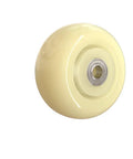 Smooth Operator White Nylon Casters Two Pack Quiet Rolling Furniture Wheels With Secure Brakes Heavy Duty Cart Replacement Quick Swap For Sofas And Pianos Badass Glide, close-up of a white nylon caster wheel.