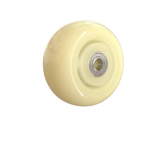 Smooth Operator White Nylon Casters Two Pack Quiet Rolling Furniture Wheels With Secure Brakes Heavy Duty Cart Replacement Quick Swap For Sofas And Pianos Badass Glide, close-up of a white nylon caster wheel.