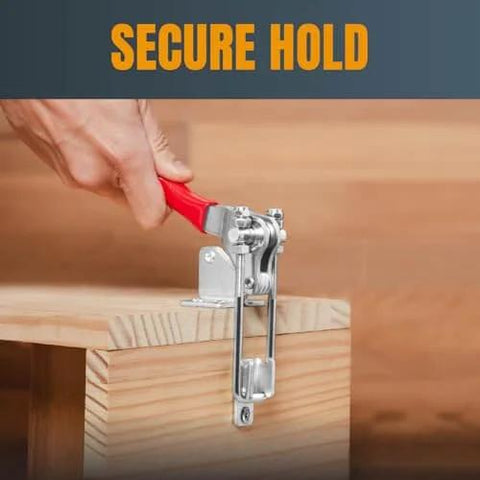 Image showing Three Pack Toggle Clamp Set With Adjustable 334 U Bolt 1000 Lb Holding Capacity 90 Degree Vertical Latch Anti Slip Hand Grip Built For Woodworking Jigs And Fixtures Cabinets Smokers And Tire Carriers That Is A Real Workhorse In Any Shop installed on a wooden surface with red anti-slip grip.