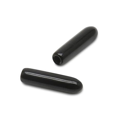 2mm ID Black Screw Thread Protectors, 15mm Length, 120 Pack, on two black rubber caps for bolt threads