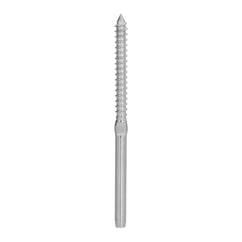 Close-up of T316 stainless steel Left Right Hand Thread Swage Lag Screw for 1/8 Inch Cable Railing, threaded design