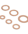 110 Piece Copper Sealing Washer Set, Six Sizes, Flat Gasket Oil Seals For Plumbing And Automotive shown in different sizes