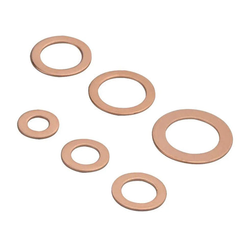 110 Piece Copper Sealing Washer Set, Six Sizes, Flat Gasket Oil Seals For Plumbing And Automotive shown in different sizes