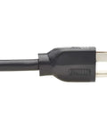 Heavy Duty 10 Ft 16 AWG Power Extension Cord, 13 Amp 120 V NEMA 5-15P To 5-15R Black UL Listed Cable close-up plug view.