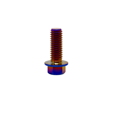 RISON titanium flanged hex bolt, burnt blue finish, M6x1.0x13mm, 6AL4V aerospace Ti (front view)