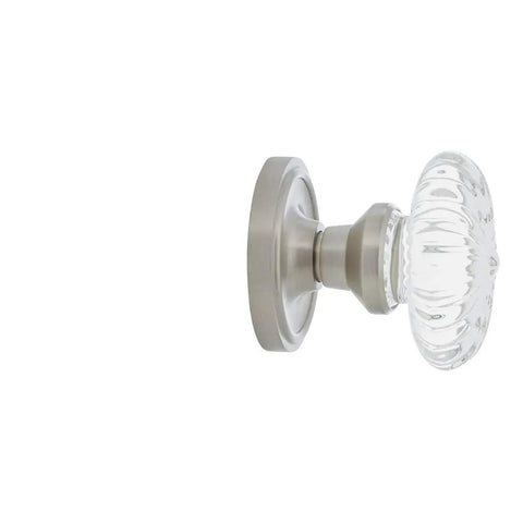 Classic Rosette With Oval Fluted Crystal Glass Knob, Double Dummy Door Hardware in satin nickel finish, side view