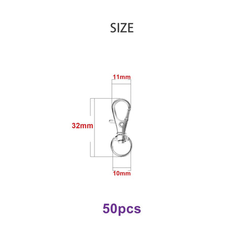 Hella Durable Premium Silver Swivel Snap Hooks 50 Pack Lobster Claw Trigger Clasps 32mm size chart with measurements.