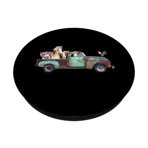 Farm Themed Pickup Truck Swappable Phone Grip With Cute Farm Animals For Farmers And Truckers A Fun Ranch Life Accessory To Keep Your Phone Handy And Looking Fresh On The Go showing vintage truck with animals.