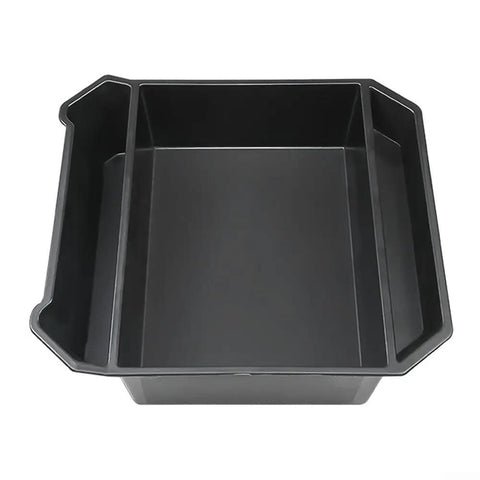 Slick Sliding Center Console Organizer Tray For Tesla Cybertruck 2024 And Up Models Black, top view of storage rack.