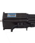 Servo motor with black housing, silver output shaft, and attached cables