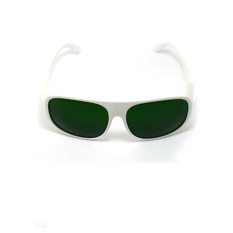 Solid Clear Lens Laser Safety Glasses For 660Nm And 800 To 1095Nm With OD5 Blocker, white frame, green lenses, front view.