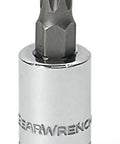 3/8 Inch Drive Torx Bit Socket T25 with S2 Steel Insert Bits and Knurled Ring for Quick Size ID, heat-treated for durability.