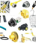Various electrical connectors, plugs, and industrial components for heavy-duty applications, showcasing robust construction.
