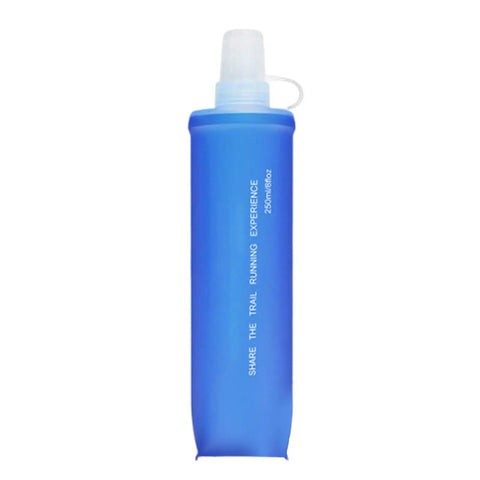 Blue 250ml ultra lightweight foldable water bottle for hiking and outdoor adventures, reusable pouch, eco-friendly TPU.