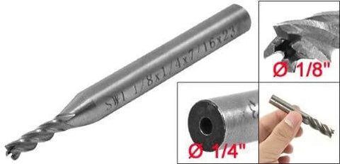 End mill cutter, side view, 1/8 in dia, 1/4 in shank, 4-flute HSS-AL