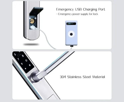 Tough As Nails Waterproof Gate Lock Featuring Fingerprint Scan Smart App Control And Keypad Access For Aluminum Or Iron Doors, USB port and 304 stainless steel material.