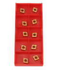10Pcs CCMT060204 Carbide Inserts For CNC Turning Tools in red storage case, gold finish, for stainless steel and steel machining.