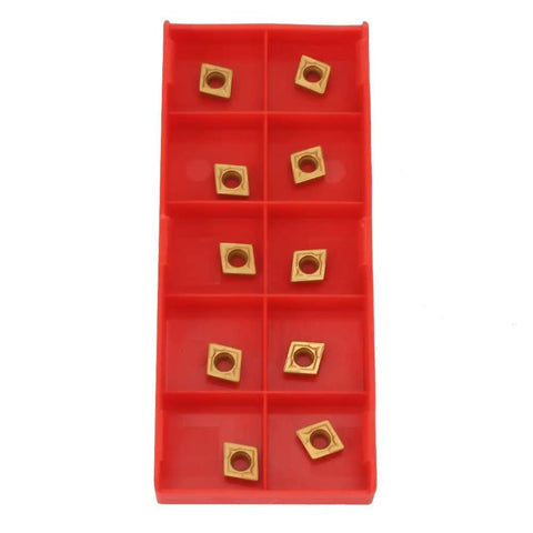 10Pcs CCMT060204 Carbide Inserts For CNC Turning Tools in red storage case, gold finish, for stainless steel and steel machining.