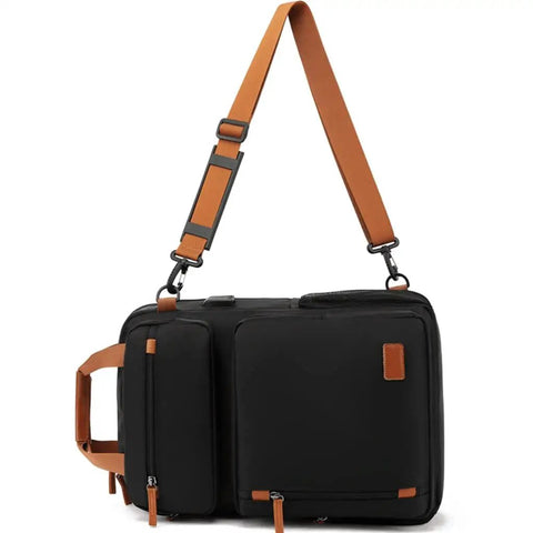 Casual Business Mens Laptop Backpack Waterproof Oxford Cloth Anti Theft Travel Go To Bag With Large Capacity Compartments Side Mesh Bottle Pocket Front Phone Pocket With Earphone Hole Luggage Pass Through, black with brown straps