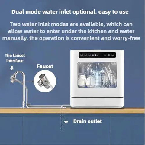Portable Countertop Dishwasher Cranking Eight Place Settings On Five Custom Wash Cycles High Temp Dry with dual water inlet options.