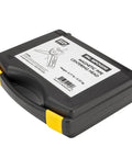 Front view of a black plastic carrying case with yellow latches for MPCH250 magnetic pipe centering head