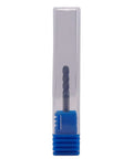 Solid carbide ball-nose end mill, 4-flute, AlTiN-coated, 1/8 in dia, 1/8 in shank, in blue-cap plastic case.