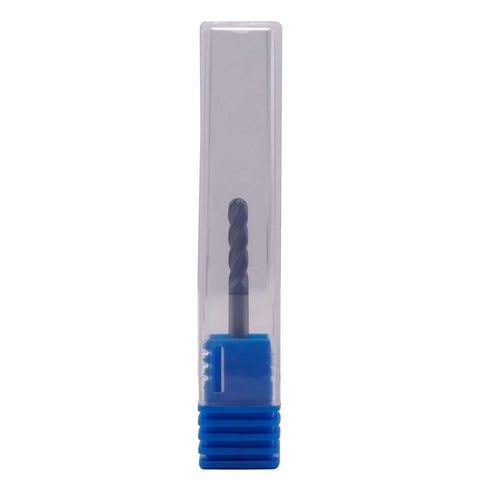 Solid carbide ball-nose end mill, 4-flute, AlTiN-coated, 1/8 in dia, 1/8 in shank, in blue-cap plastic case.