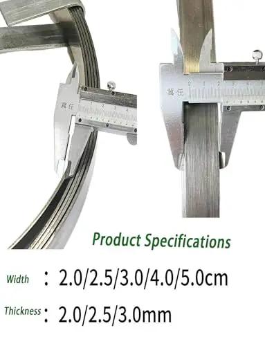 Product specifications of Heavy Duty Steel Drain Snake Strip Five Centimeters Wide Sixty Five Feet Long with width and thickness details.