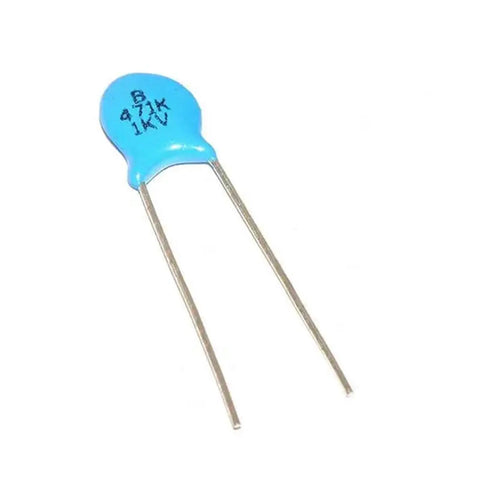 20 Pack High Voltage Ceramic Capacitors Set 1kV Rating 104 100nF, 103 10nF, 472 4.7nF For Electronics DIY Projects Durable Leads Easy Install Great For PCBs Radios And Auto Electronics Enthusiasts., blue 4.7nF 1kV ceramic disc capacitor with two leads