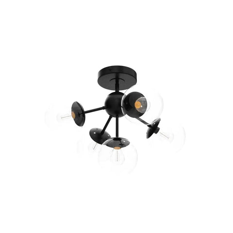 Modern Black Ceiling Light Fixture Semi Flush Mount Chandelier With Five Lights, smoked glass shade, vintage style matte base.