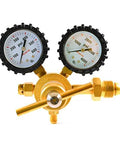 Uniweld nitrogen regulator with dual gauges, brass body, CGA580 inlet and 1/4 in. male flare outlet, front view.