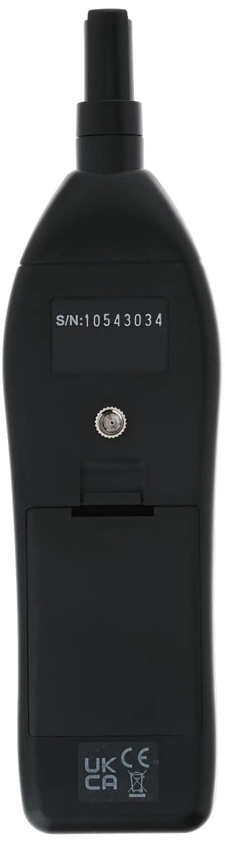 Back view of Dual Input Hygro Thermometer Psychrometer For HVAC Pros With Superheat Differential, showing serial number and casing.