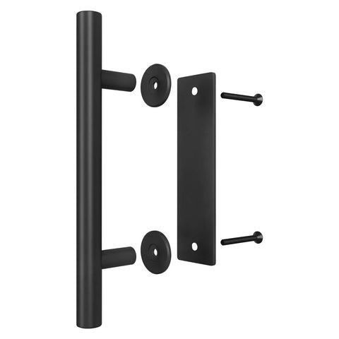 Two Pack Sliding Barn Door Handle Set, 12 Inch Heavy Duty Pull And Flush Hardware, Black Rustic Round Two Sided Design, Easy Install