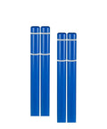 Rock Solid Four Inch X Fifty Two Inch Bollard Covers 4 Pack Hella Tough Hdpe High Visibility Blue White Stripes For Parking Lots Made In Usa No Sweat Setup Using Easy Attach Gripper Tabs Keeps Your Posts Looking Fresh Year Round set of four blue bollard covers with white stripes