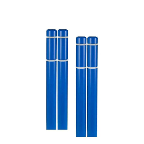 Rock Solid Four Inch X Fifty Two Inch Bollard Covers 4 Pack Hella Tough Hdpe High Visibility Blue White Stripes For Parking Lots Made In Usa No Sweat Setup Using Easy Attach Gripper Tabs Keeps Your Posts Looking Fresh Year Round set of four blue bollard covers with white stripes