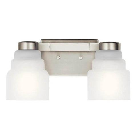 Fourteen And A Half Inch Two Light Vanity Light With Satin Etched Glass In Brushed Nickel, Sleek Contemporary Bathroom Fixture