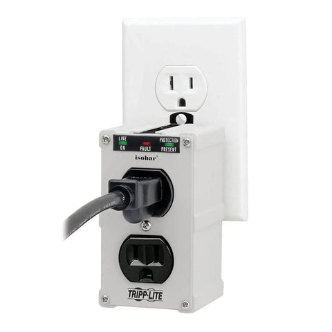 ISOBLOK2-0 Heavy Duty Outlet Extender With 2 Outlets Direct Plug In Wall Power Strip Surge Protector in use, all-metal housing