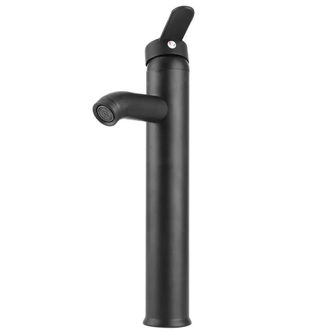 Maqulae Stainless Steel Basin Faucet, Black Tap with Bubbler (Tall) shown from the side with sleek design and modern lever handle.