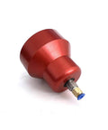 Waterjet dump valve AS JOD100, side view; red anodized aluminum body with blue end-cap for water jet cutting equipment