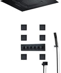 Premium Thermostatic Shower System With LED Strip And Bass Boost Music, Badass Black 6-Way Rain Shower Combo with ceiling mount rainhead.