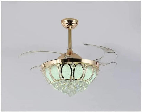 Top Notch 52 Inch Gold Ceiling Fan With Light featuring a Fresh Crystal Lotus Frame and elegant glass beads.