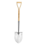 Heavy Duty 43 Inch Round Shovel With Wooden D Handle And Stainless Steel Blade Built Tough For Digging Transplanting Planting Shrubs Snow Shoveling And Outdoor Yard Work shown with full view of handle and blade.