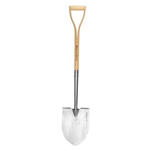 Heavy Duty 43 Inch Round Shovel With Wooden D Handle And Stainless Steel Blade Built Tough For Digging Transplanting Planting Shrubs Snow Shoveling And Outdoor Yard Work shown with full view of handle and blade.