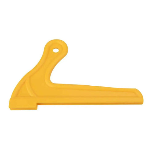 Yellow woodworking push stick with rubber bottom grip for safety push block set for woodworking and router tables.