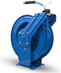 Heavy Duty One Half Inch By Five Hundred Foot Pneumatic Air Hose On Solid Wooden Spool Kink Free Ozone Guarded Rubber Cover on blue reel.